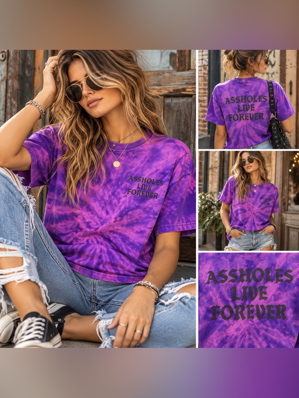 Assholes Live Forever Purple Tie Dye Graphic T-Shirt Size Small